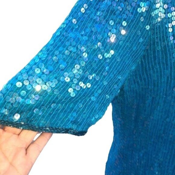 Saks Fifth Avenue Silk Top Small S Womens Vintage Blue Sequin Short Sleeve - Picture 5 of 12